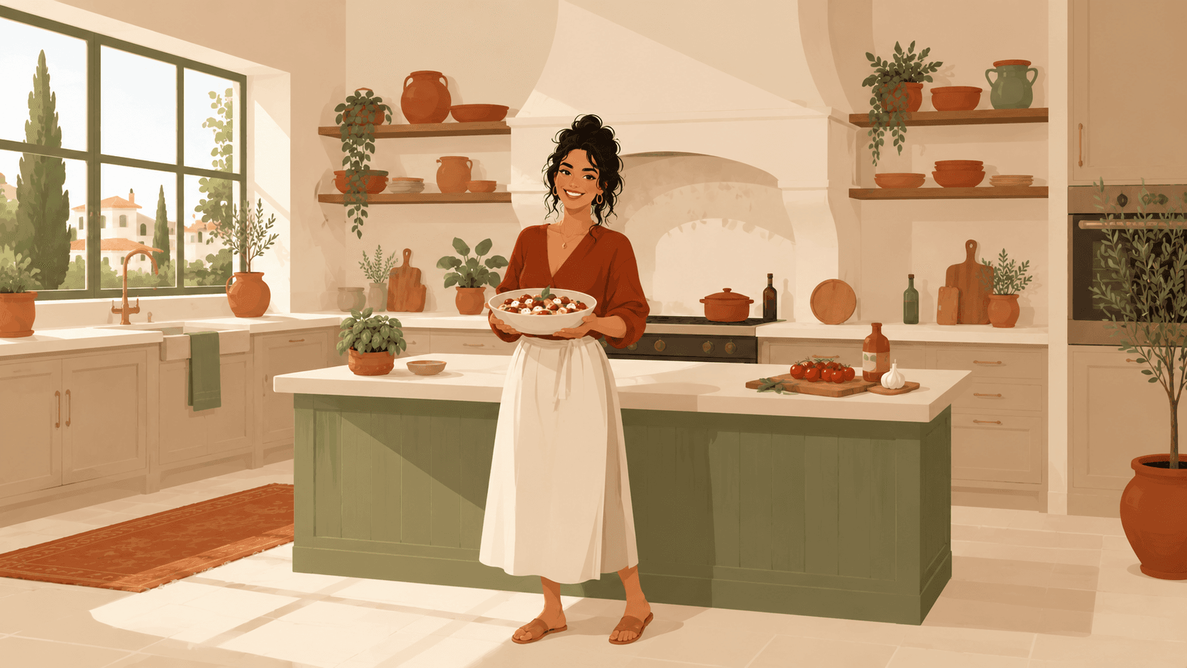 Woman in a warm kitchen holding a bowl of fresh food — WizeMeals PCOS meal planning